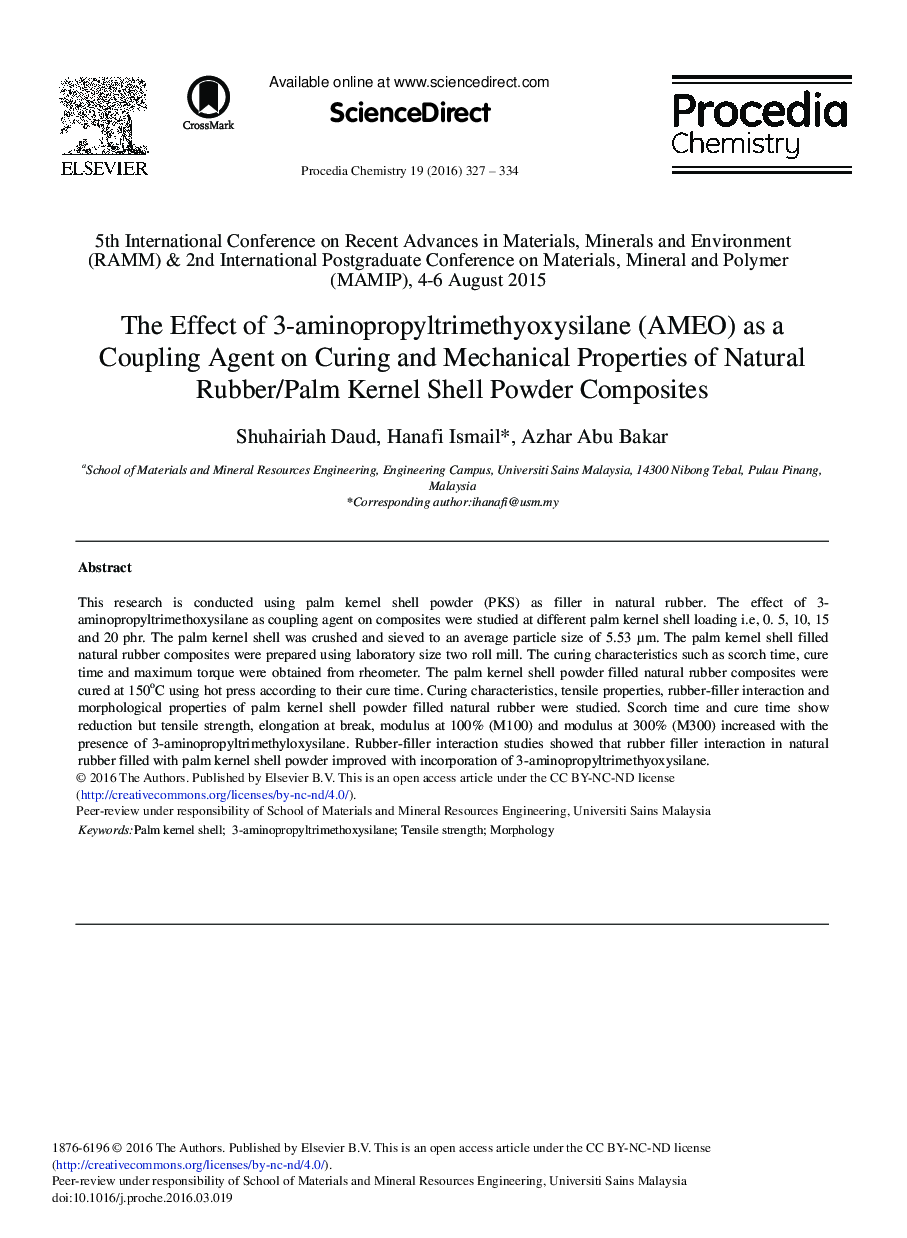 The Effect of 3-aminopropyltrimethyoxysilane (AMEO) as a Coupling Agent on Curing and Mechanical Properties of Natural Rubber/Palm Kernel Shell Powder Composites 