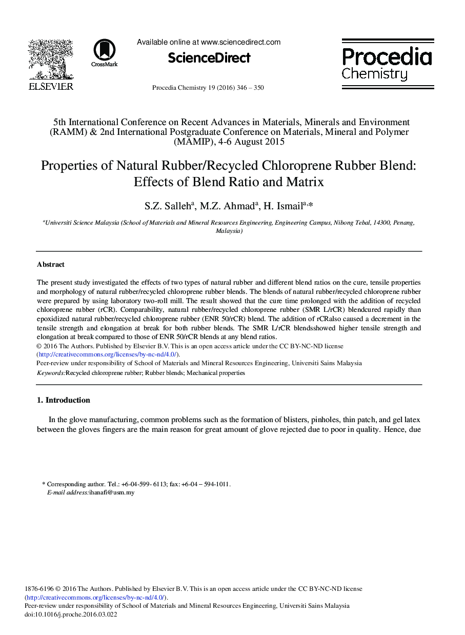 Properties of Natural Rubber/Recycled Chloroprene Rubber Blend: Effects of Blend Ratio and Matrix 