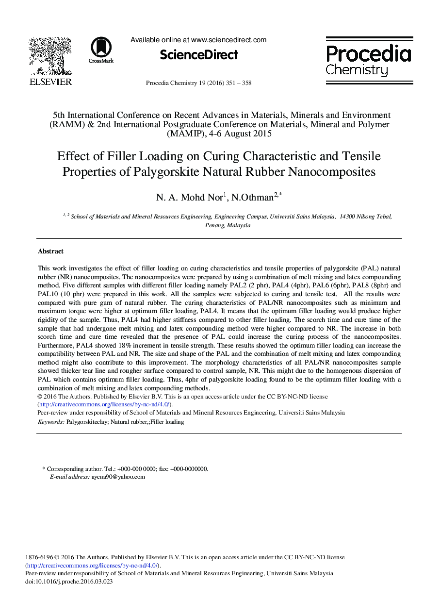 Effect of Filler Loading on Curing Characteristic and Tensile Properties of Palygorskite Natural Rubber Nanocomposites 