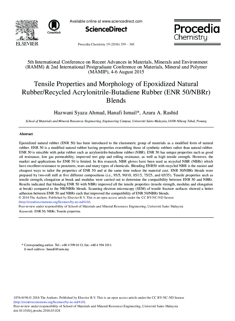 Tensile Properties and Morphology of Epoxidized Natural Rubber/Recycled Acrylonitrile-Butadiene Rubber (ENR 50/NBRr) Blends 