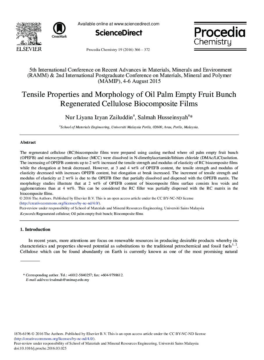 Tensile Properties and Morphology of Oil Palm Empty Fruit Bunch Regenerated Cellulose Biocomposite Films 