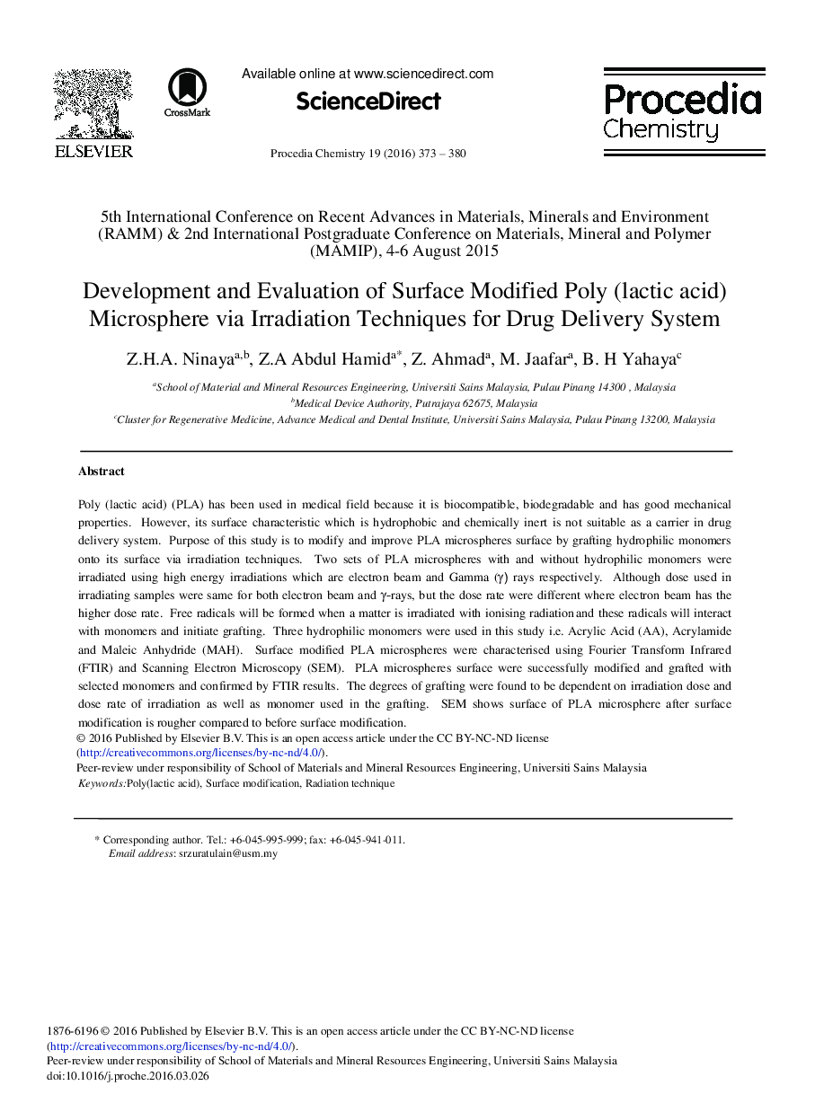 Development and Evaluation of Surface Modified Poly (lactic acid) Microsphere via Irradiation Techniques for Drug Delivery System 