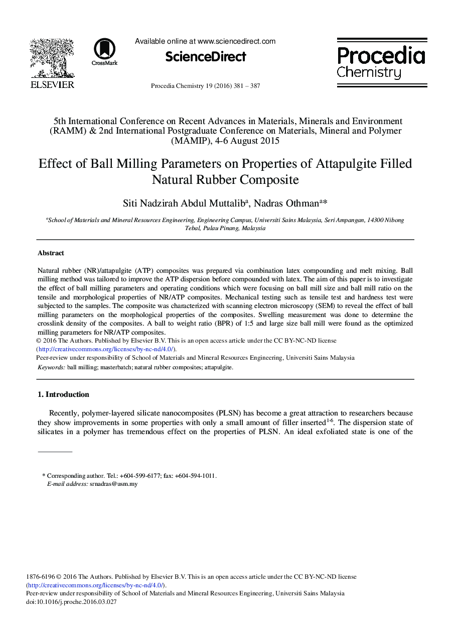 Effect of Ball Milling Parameters on Properties of Attapulgite Filled Natural Rubber Composite 