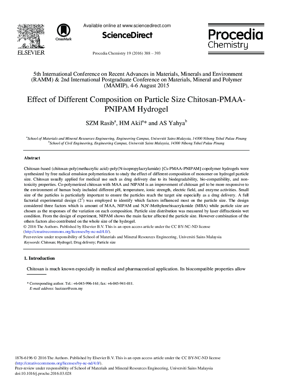 اثر ترکیب های مختلف بر هیدروژل کیتوزان-PMAA-PNIPAM اندازه ذرات  