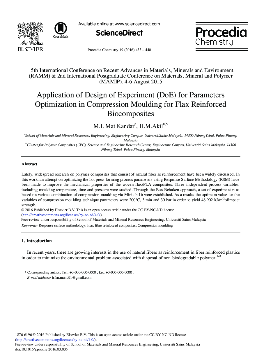Application of Design of Experiment (DoE) for Parameters Optimization in Compression Moulding for Flax Reinforced Biocomposites 