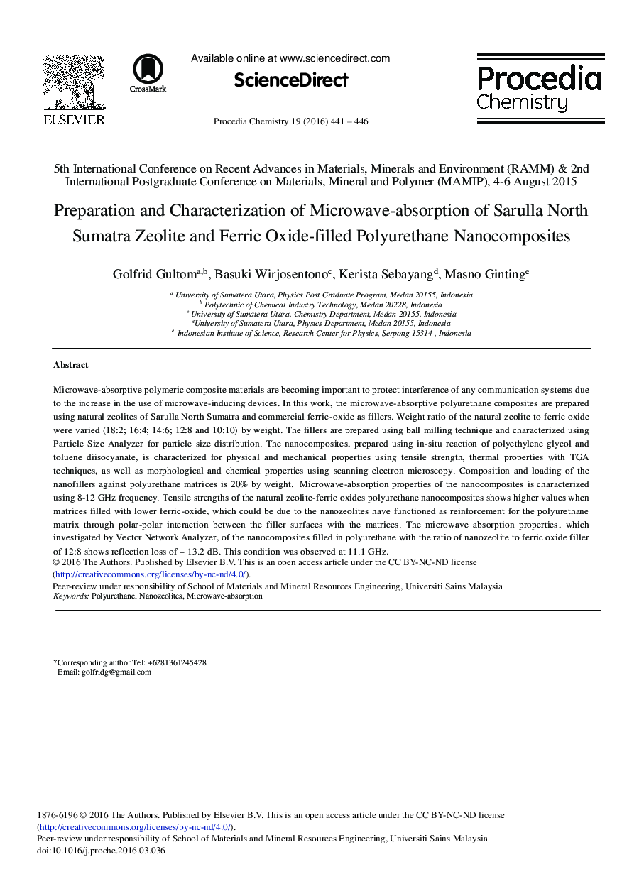 Preparation and Characterization of Microwave-absorption of Sarulla North Sumatra Zeolite and Ferric Oxide-filled Polyurethane Nanocomposites 