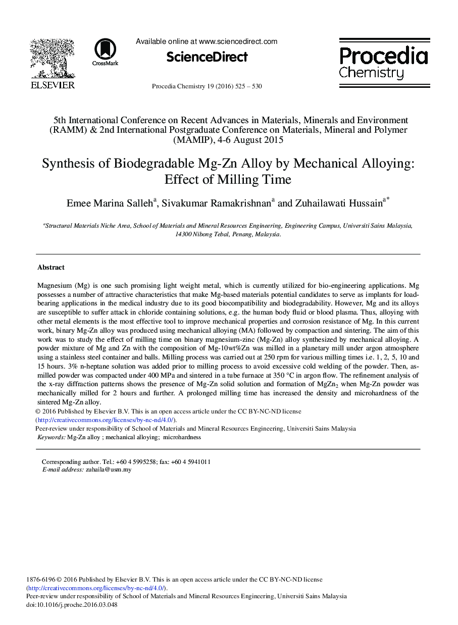 Synthesis of Biodegradable Mg-Zn Alloy by Mechanical Alloying: Effect of Milling Time 