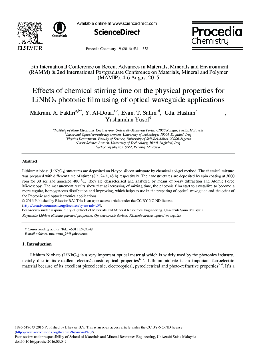 Effects of Chemical Stirring Time on the Physical Properties for LiNbO3 Photonic Film Using of Optical Waveguide Applications 