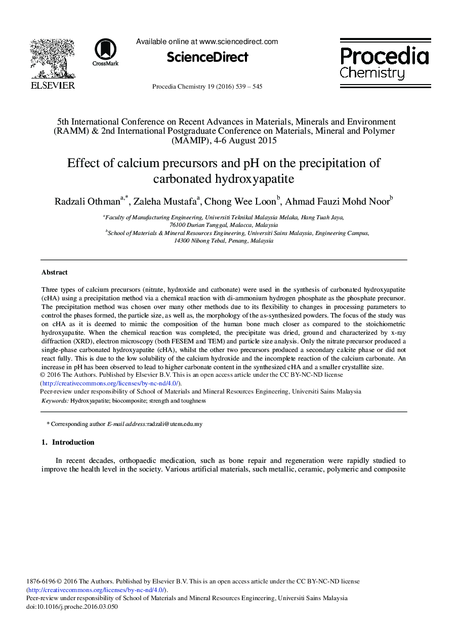 Effect of Calcium Precursors and pH on the Precipitation of Carbonated Hydroxyapatite 