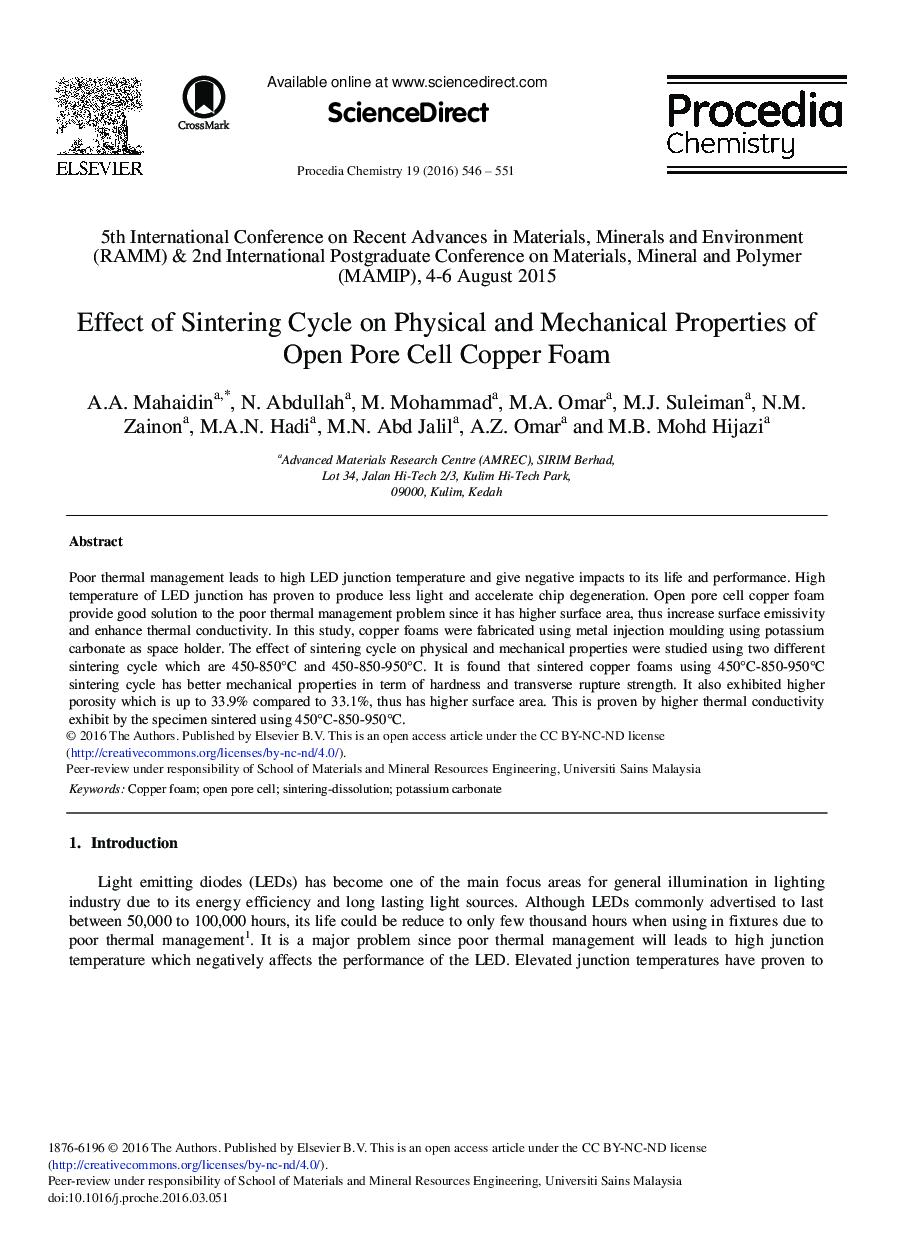 Effect of Sintering Cycle on Physical and Mechanical Properties of Open Pore Cell Copper Foam 