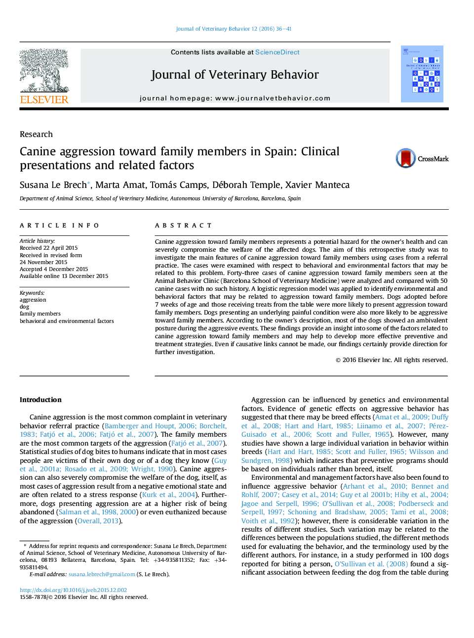 Canine aggression toward family members in Spain: Clinical presentations and related factors