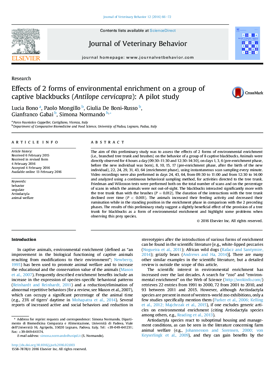 Effects of 2 forms of environmental enrichment on a group of captive blackbucks (Antilope cervicapra): A pilot study