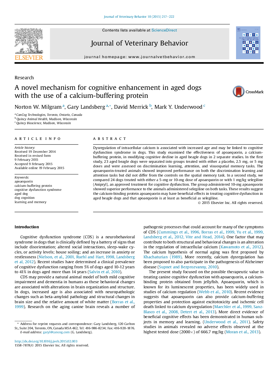 A novel mechanism for cognitive enhancement in aged dogs with the use of a calcium-buffering protein