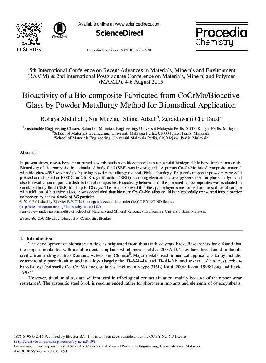 Bioactivity of a Bio-composite Fabricated from CoCrMo/Bioactive Glass by Powder Metallurgy Method for Biomedical Application 