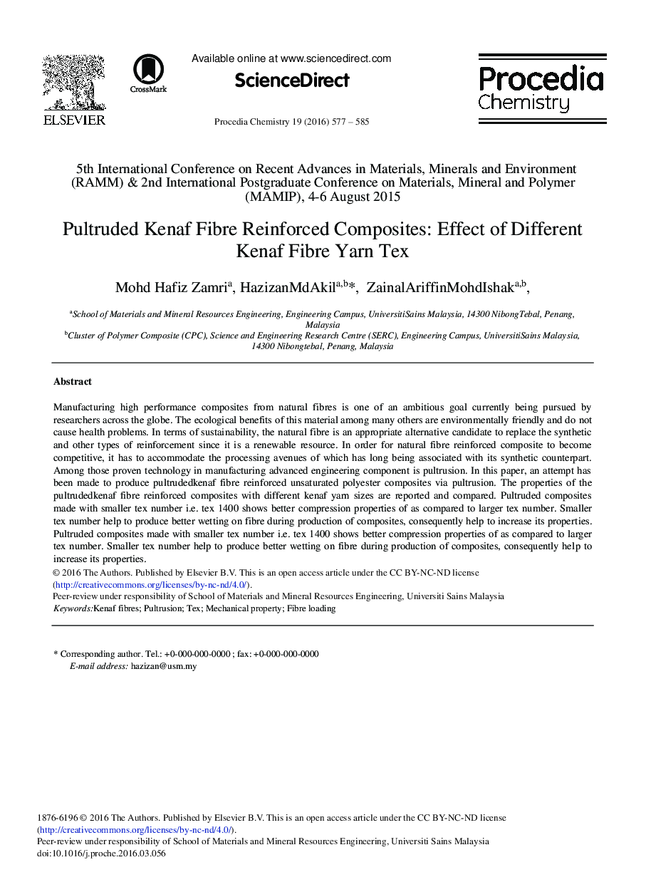 Pultruded Kenaf Fibre Reinforced Composites: Effect of Different Kenaf Fibre Yarn Tex 