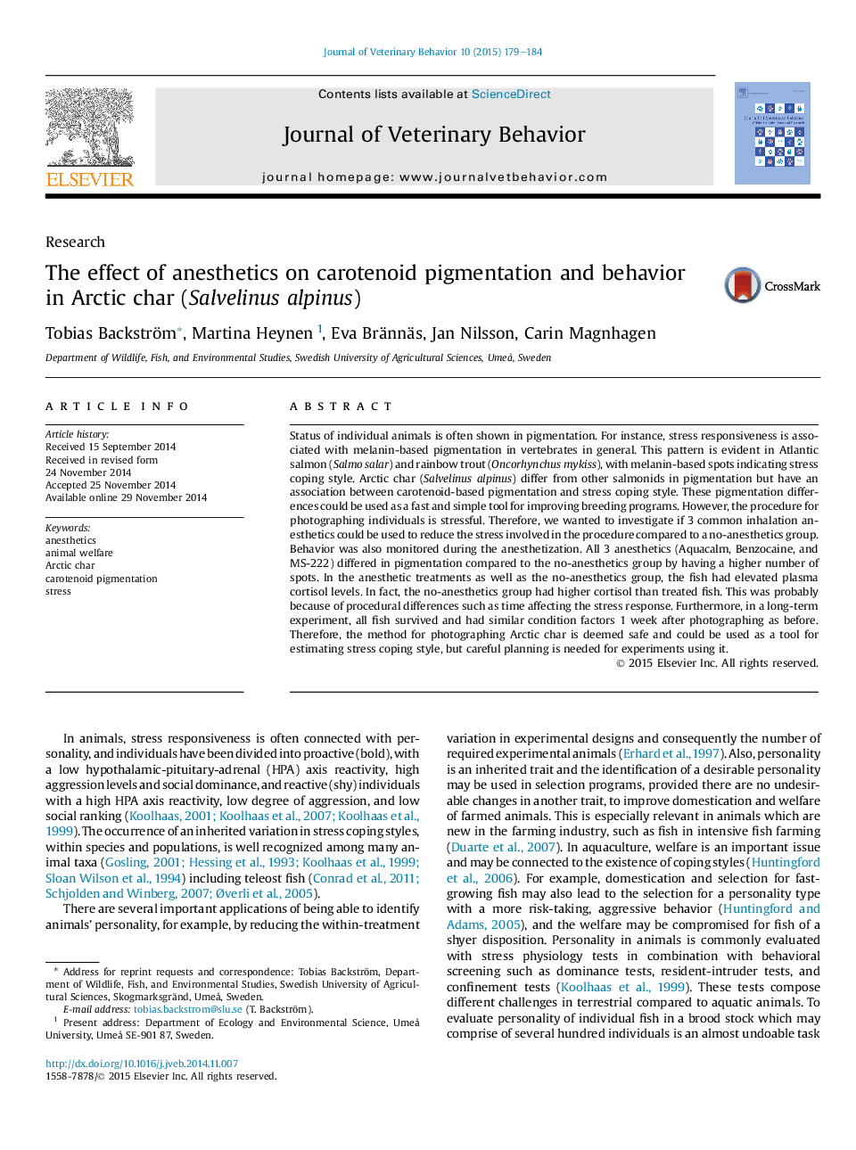 The effect of anesthetics on carotenoid pigmentation and behavior in Arctic char (Salvelinus alpinus)