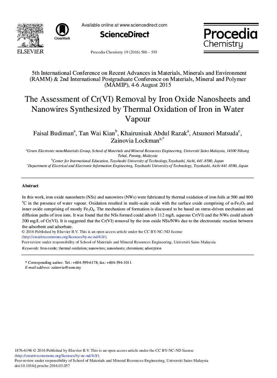 The Assessment of Cr(VI) Removal by Iron Oxide Nanosheets and Nanowires Synthesized by Thermal Oxidation of Iron in Water Vapour 