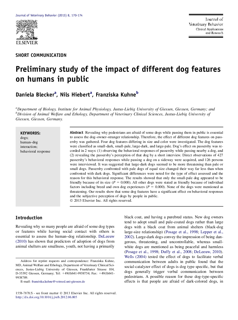 Preliminary study of the impact of different dog features on humans in public