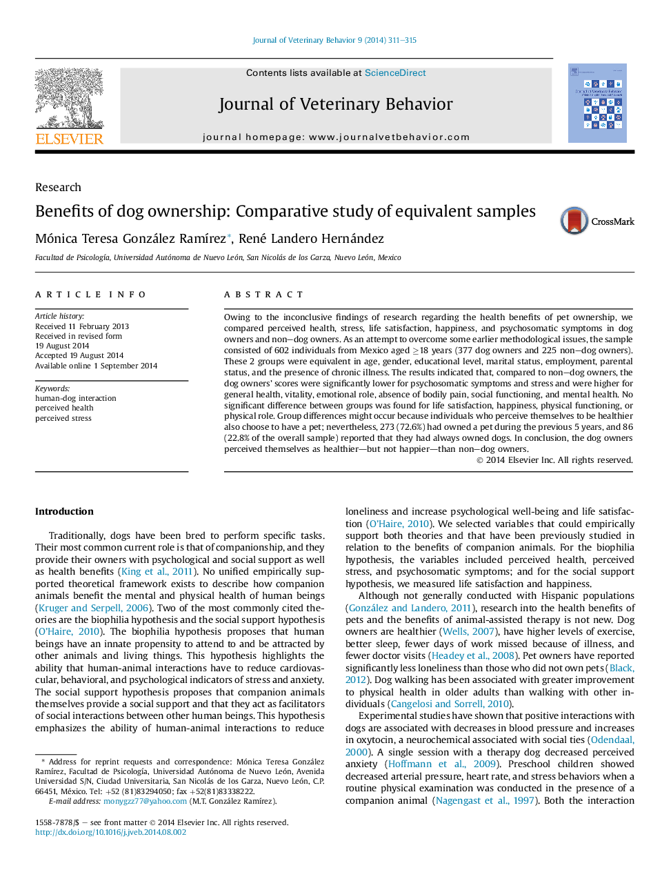 Benefits of dog ownership: Comparative study of equivalent samples