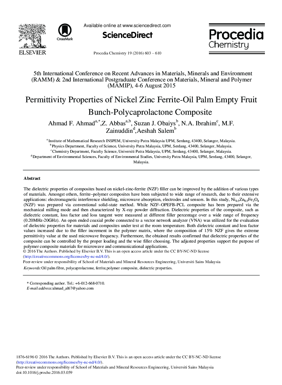 Permittivity Properties of Nickel Zinc Ferrite-Oil Palm Empty Fruit Bunch-Polycaprolactone Composite 