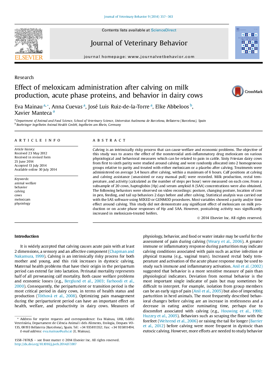 Effect of meloxicam administration after calving on milk production, acute phase proteins, and behavior in dairy cows