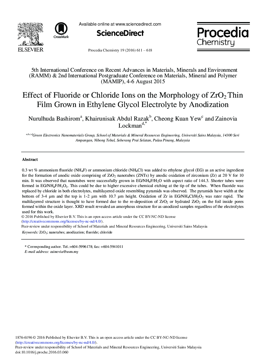 Effect of Fluoride or Chloride Ions on the Morphology of ZrO2 Thin Film Grown in Ethylene Glycol Electrolyte by Anodization 