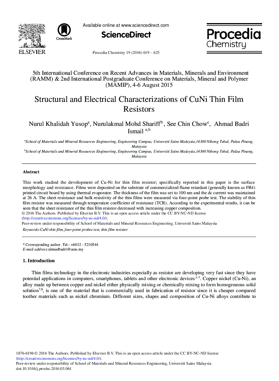 Structural and Electrical Characterizations of CuNi Thin Film Resistors 
