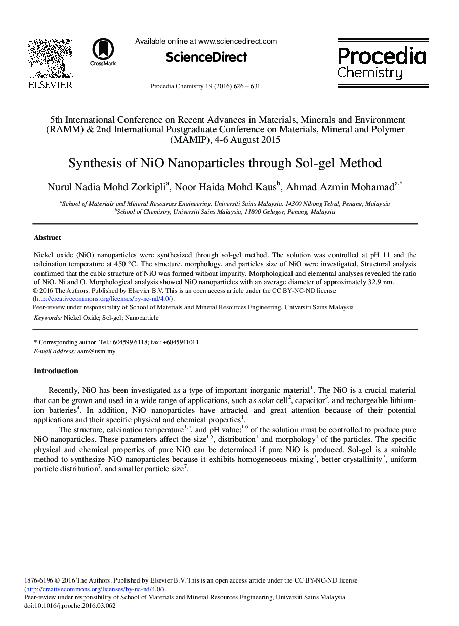 Synthesis of NiO Nanoparticles through Sol-gel Method 