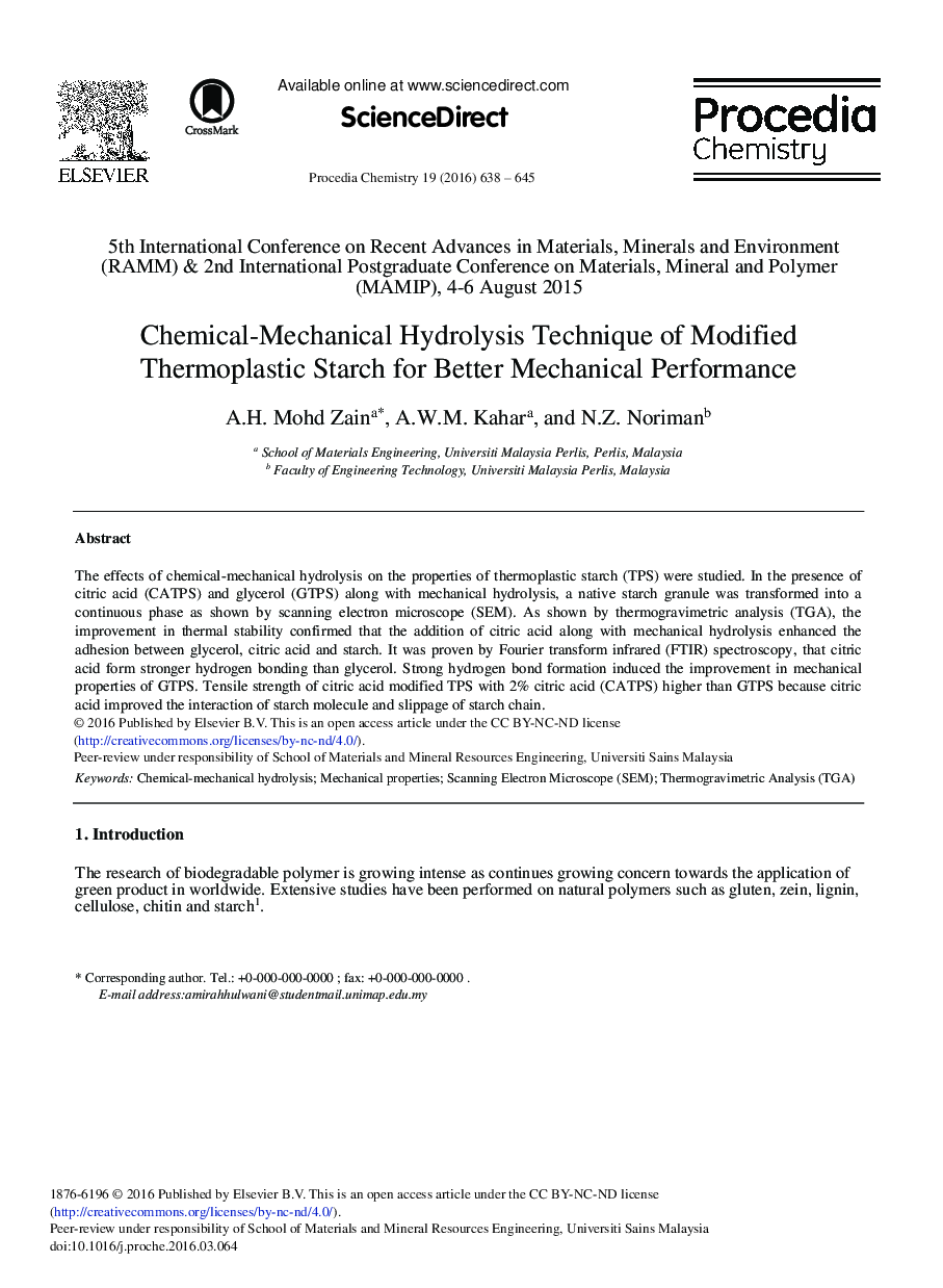 Chemical-Mechanical Hydrolysis Technique of Modified Thermoplastic Starch for Better Mechanical Performance 