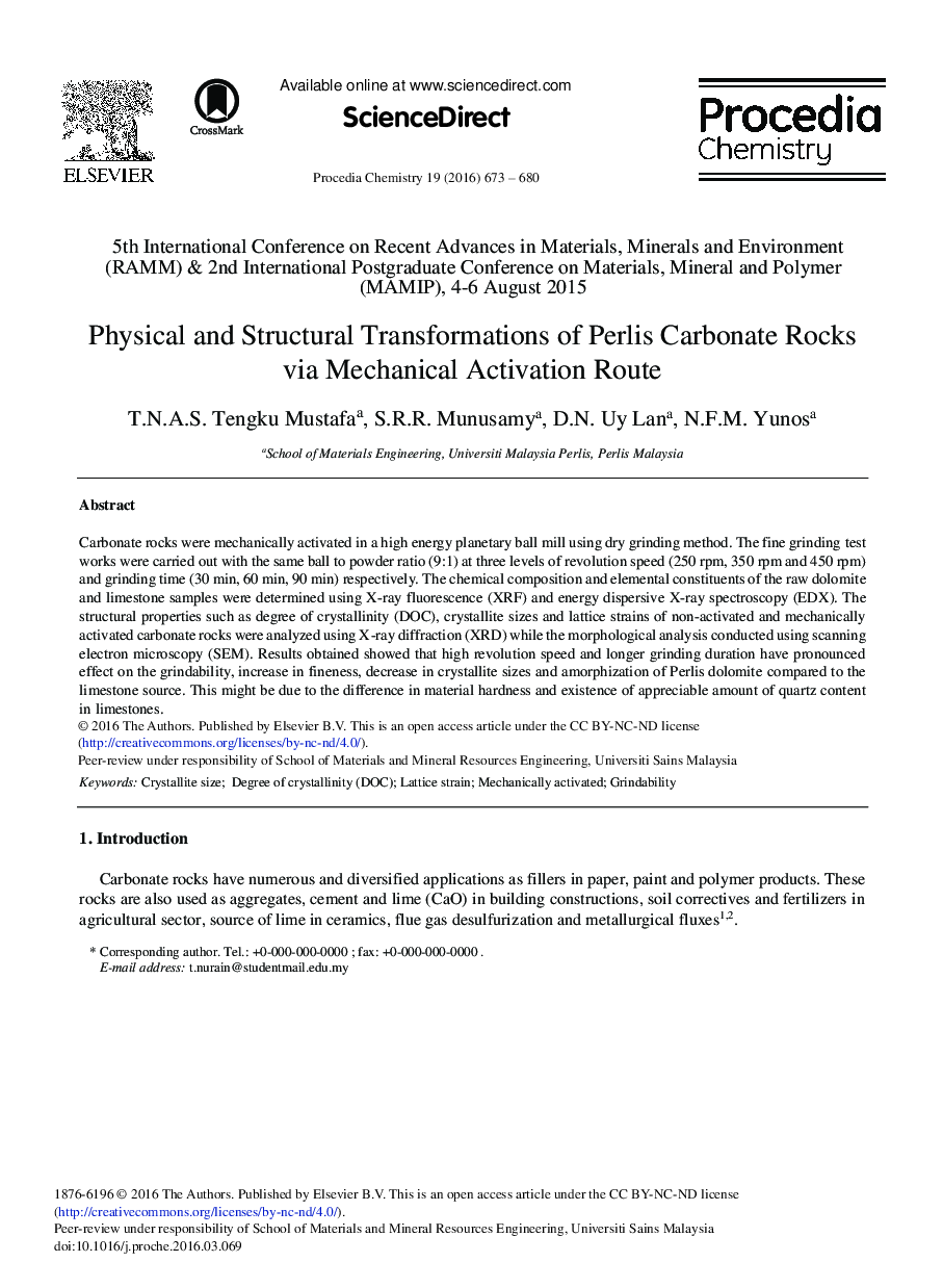 Physical and Structural Transformations of Perlis Carbonate Rocks via Mechanical Activation Route 