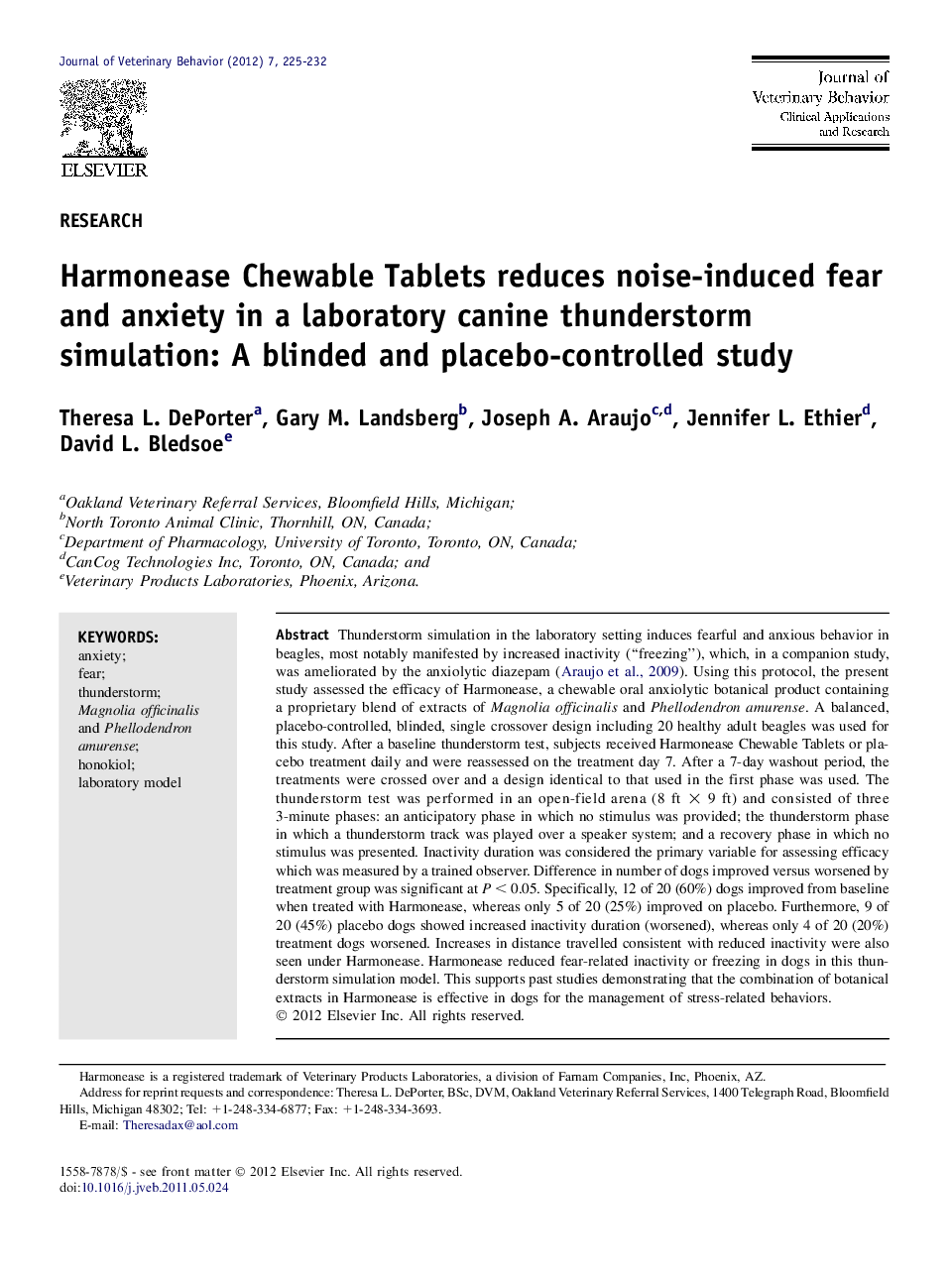 Harmonease Chewable Tablets reduces noise-induced fear and anxiety in a laboratory canine thunderstorm simulation: A blinded and placebo-controlled study 