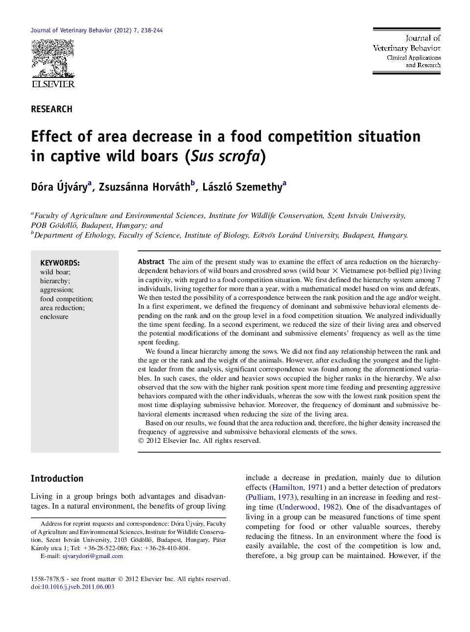 Effect of area decrease in a food competition situation in captive wild boars (Sus scrofa)