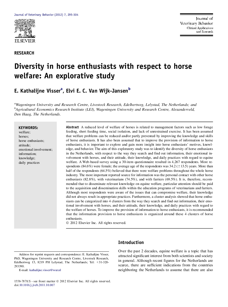 Diversity in horse enthusiasts with respect to horse welfare: An explorative study