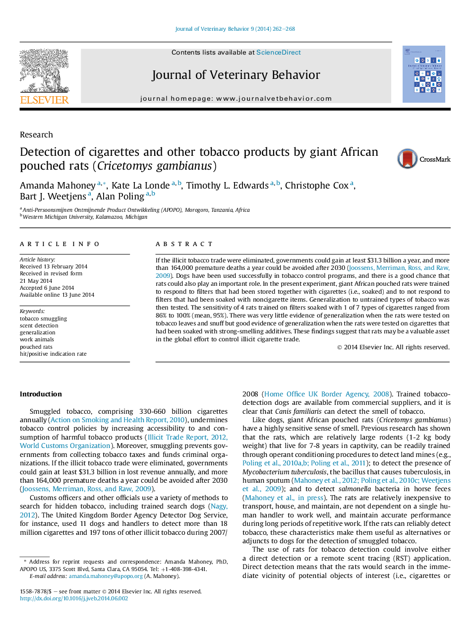 Detection of cigarettes and other tobacco products by giant African pouched rats (Cricetomys gambianus)