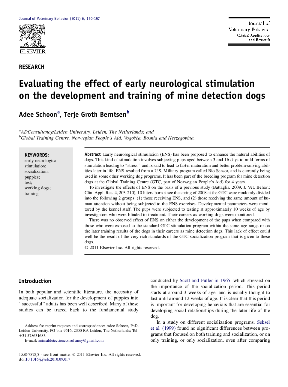 Evaluating the effect of early neurological stimulation on the development and training of mine detection dogs