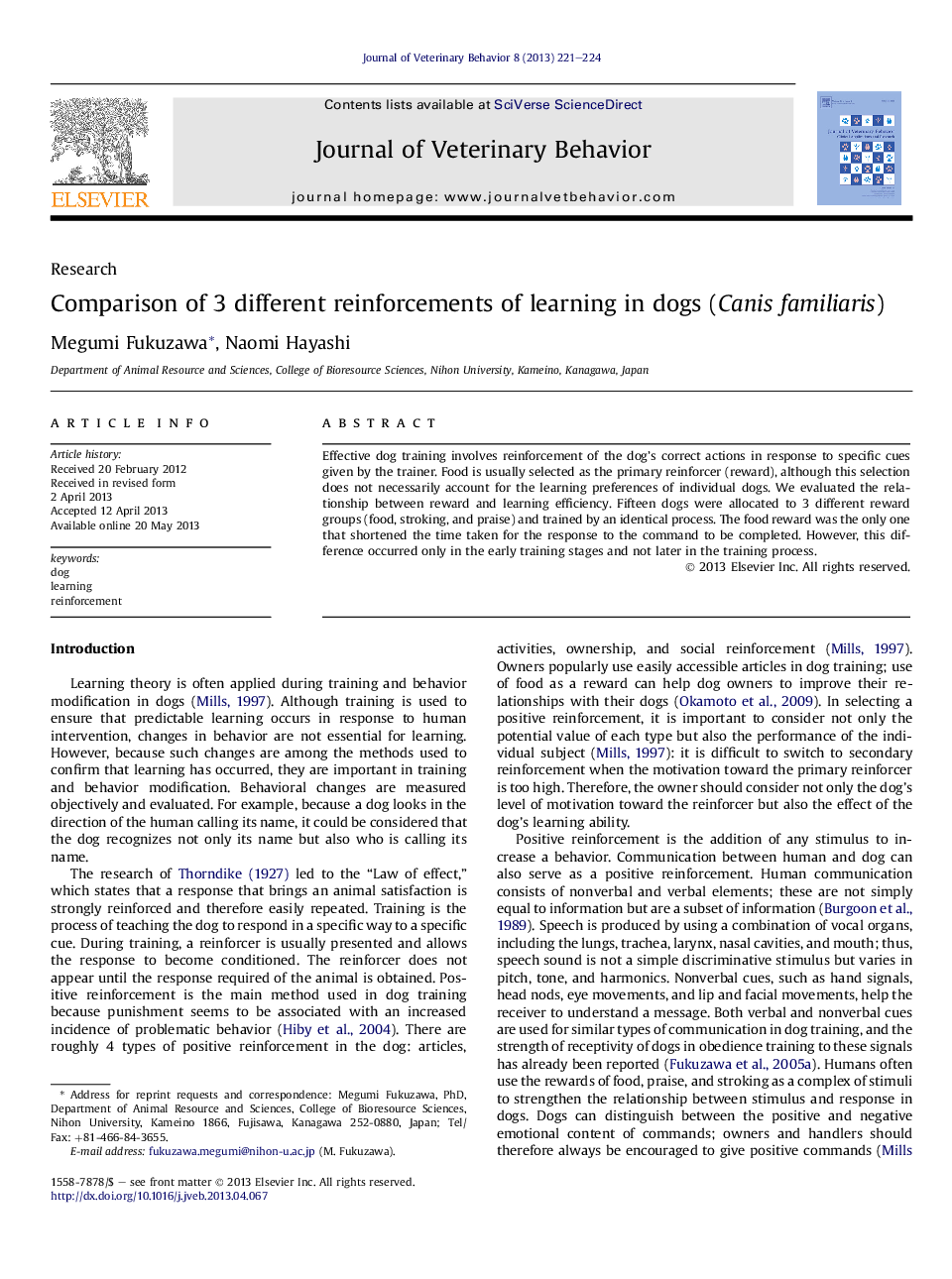 Comparison of 3 different reinforcements of learning in dogs (Canis familiaris)