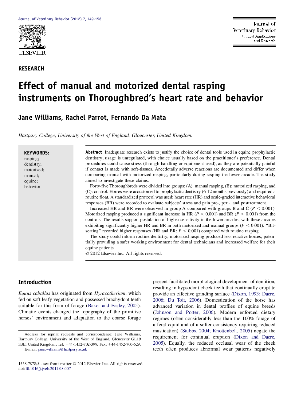 Effect of manual and motorized dental rasping instruments on Thoroughbred's heart rate and behavior