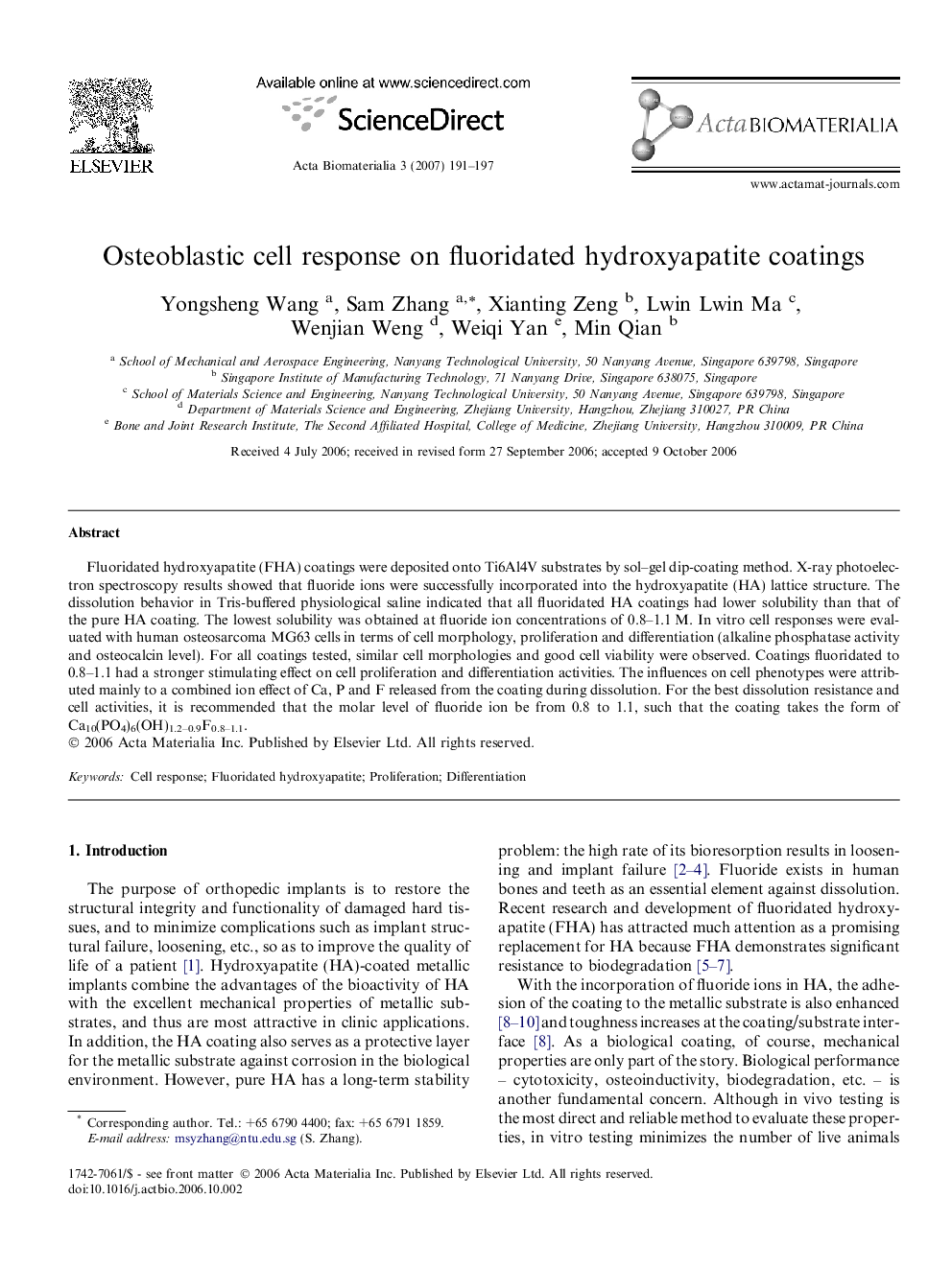 Osteoblastic cell response on fluoridated hydroxyapatite coatings