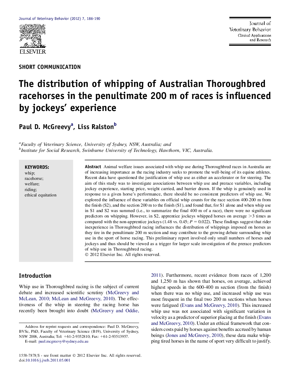 The distribution of whipping of Australian Thoroughbred racehorses in the penultimate 200 m of races is influenced by jockeys’ experience