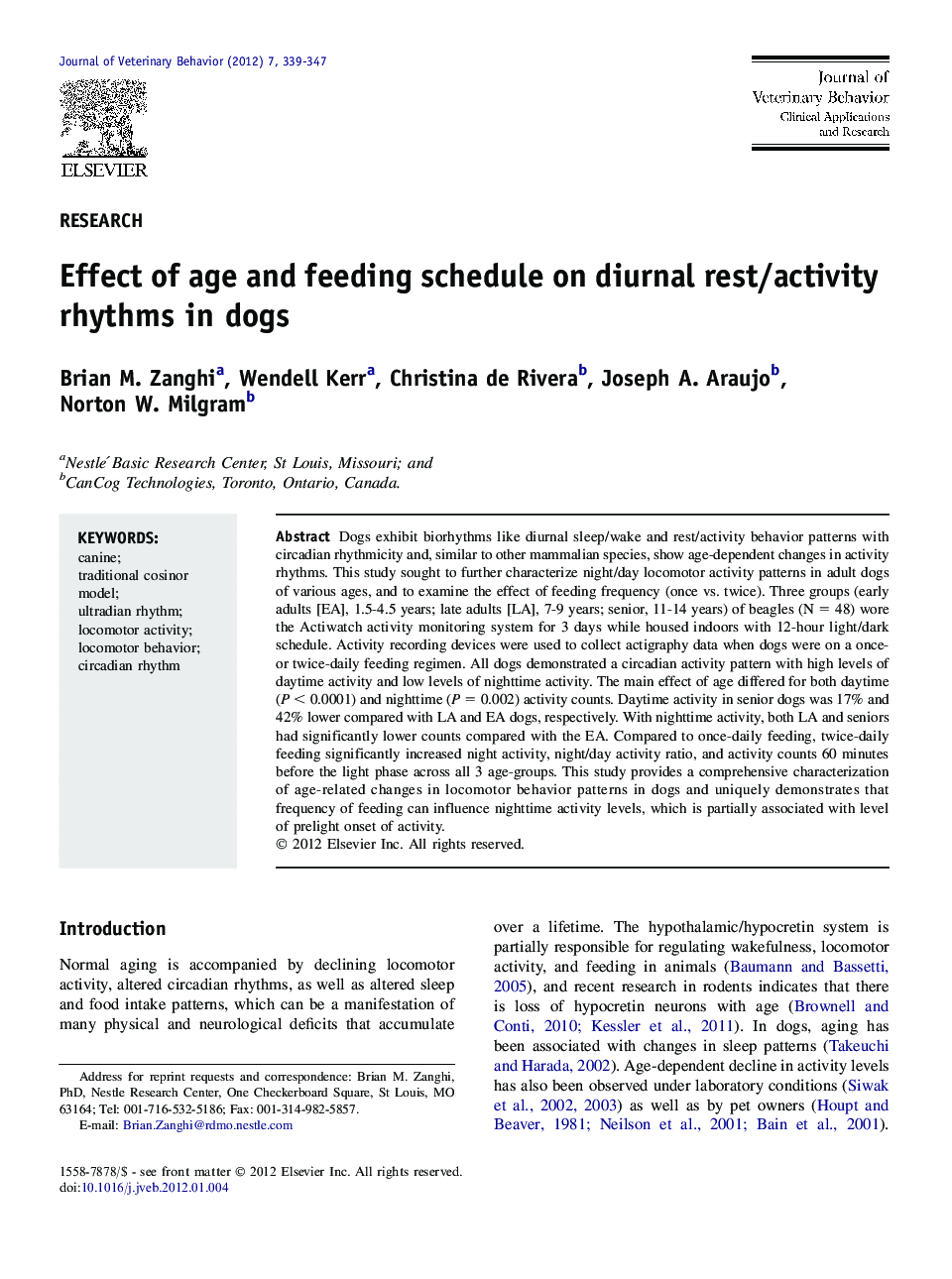 Effect of age and feeding schedule on diurnal rest/activity rhythms in dogs