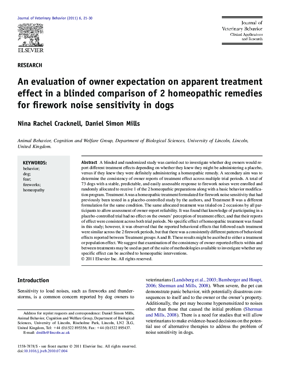 An evaluation of owner expectation on apparent treatment effect in a blinded comparison of 2 homeopathic remedies for firework noise sensitivity in dogs