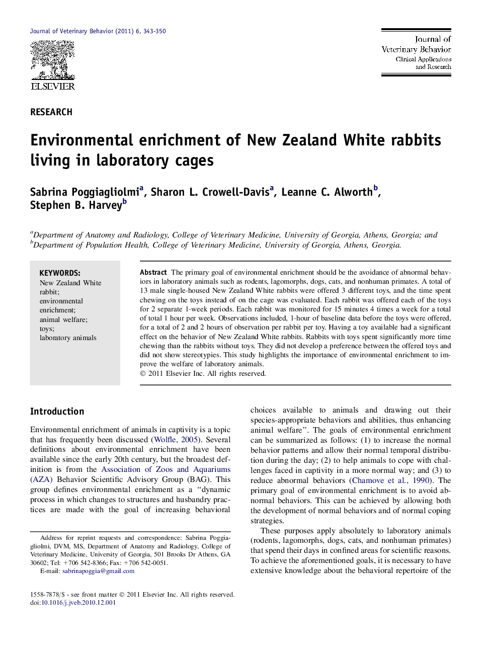 Environmental enrichment of New Zealand White rabbits living in laboratory cages