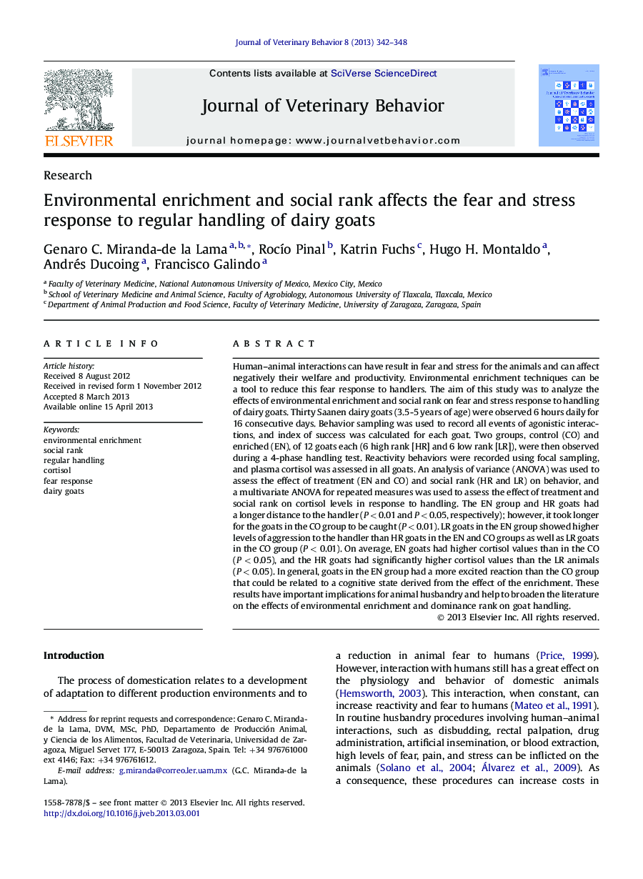 Environmental enrichment and social rank affects the fear and stress response to regular handling of dairy goats