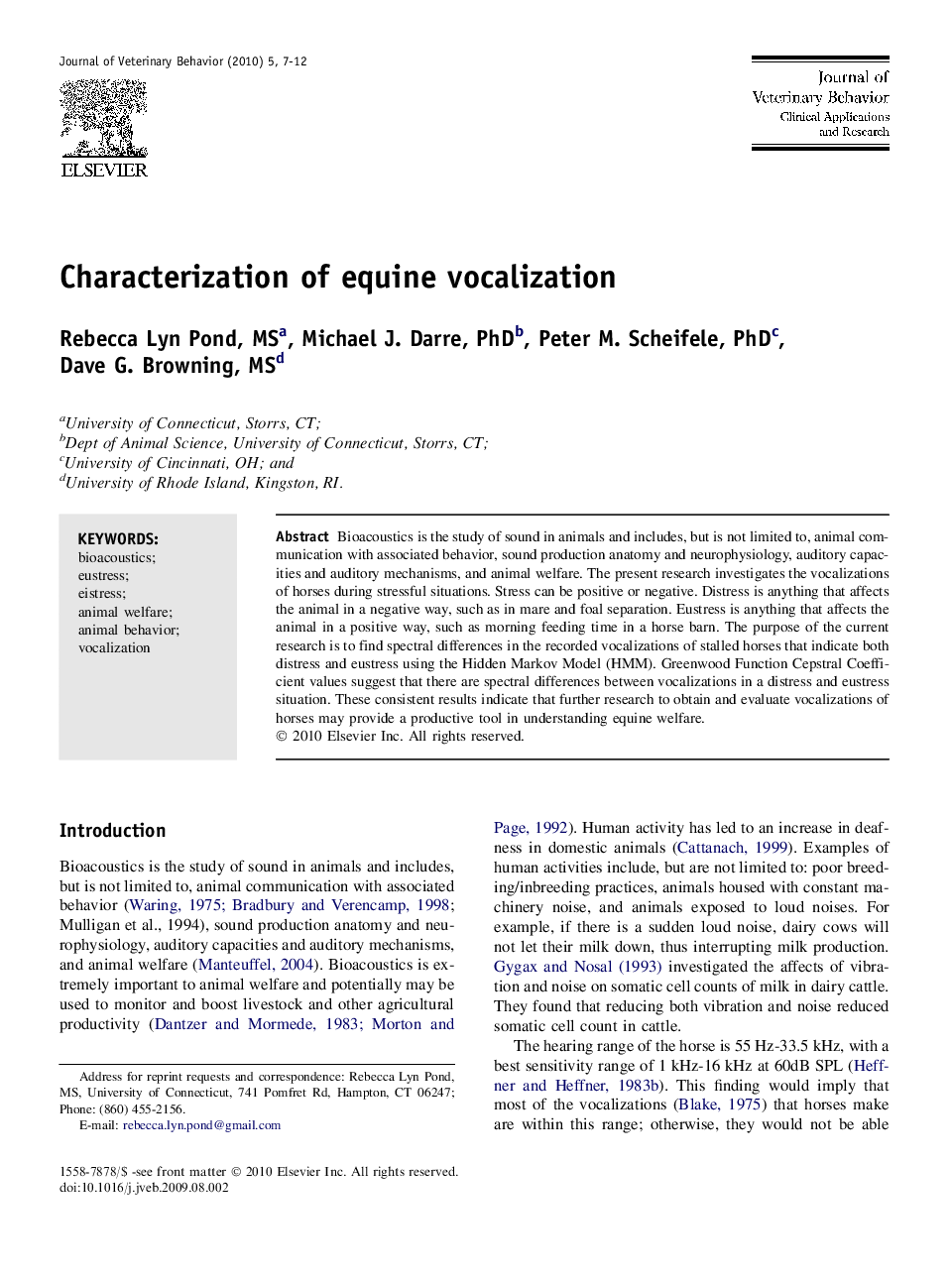 Characterization of equine vocalization
