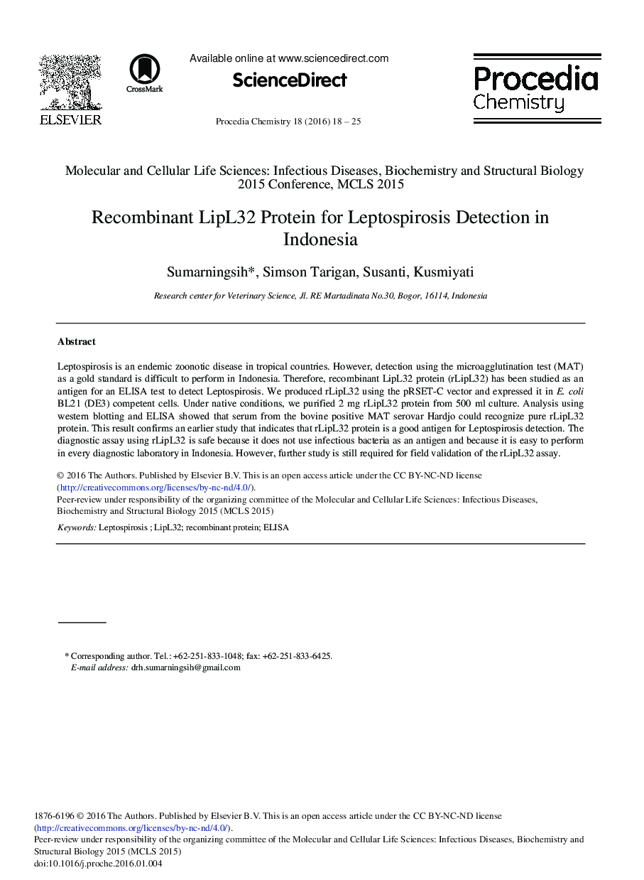Recombinant LipL32 Protein for Leptospirosis Detection in Indonesia 