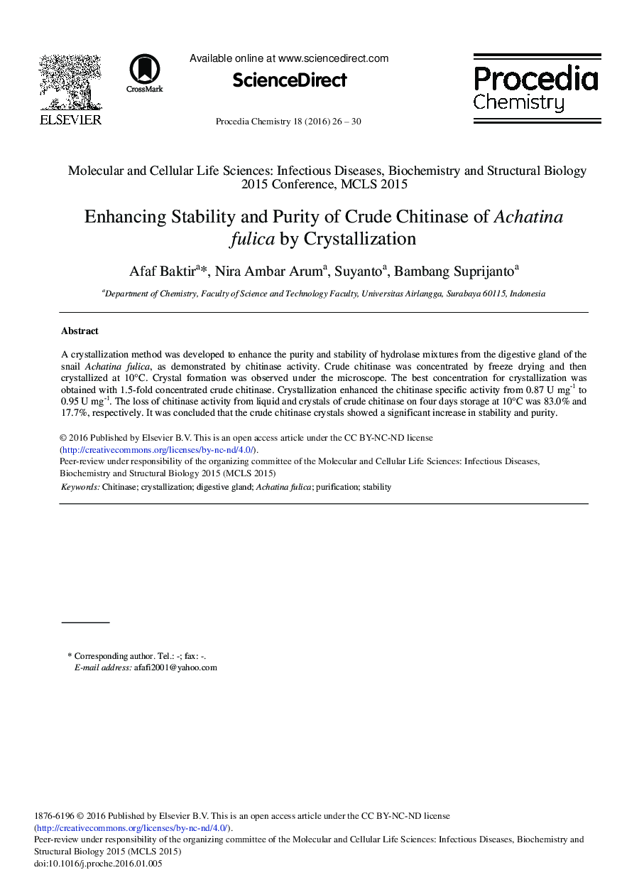Enhancing Stability and Purity of Crude Chitinase of Achatina fulica by Crystallization 