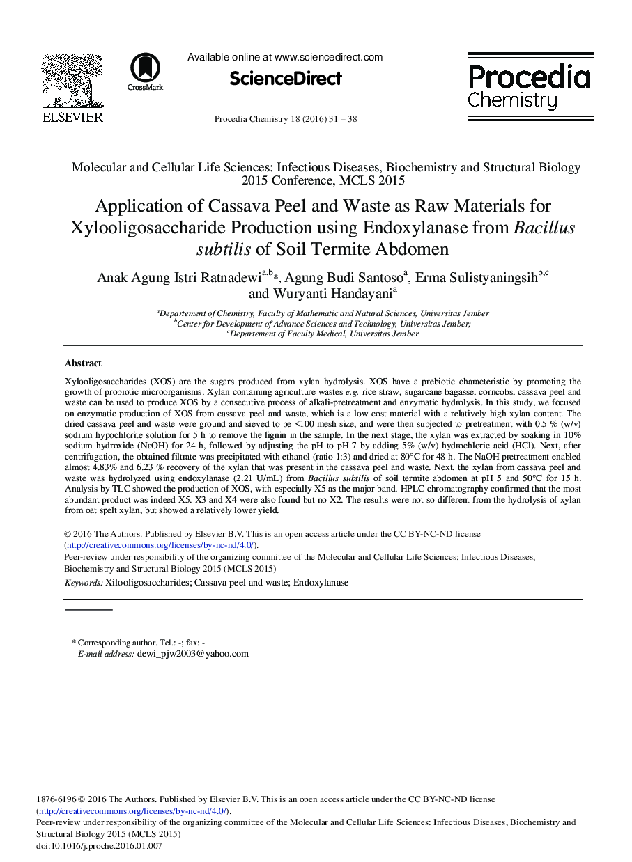 Application of Cassava Peel and Waste as Raw Materials for Xylooligosaccharide Production Using Endoxylanase from Bacillus subtilis of Soil Termite Abdomen 