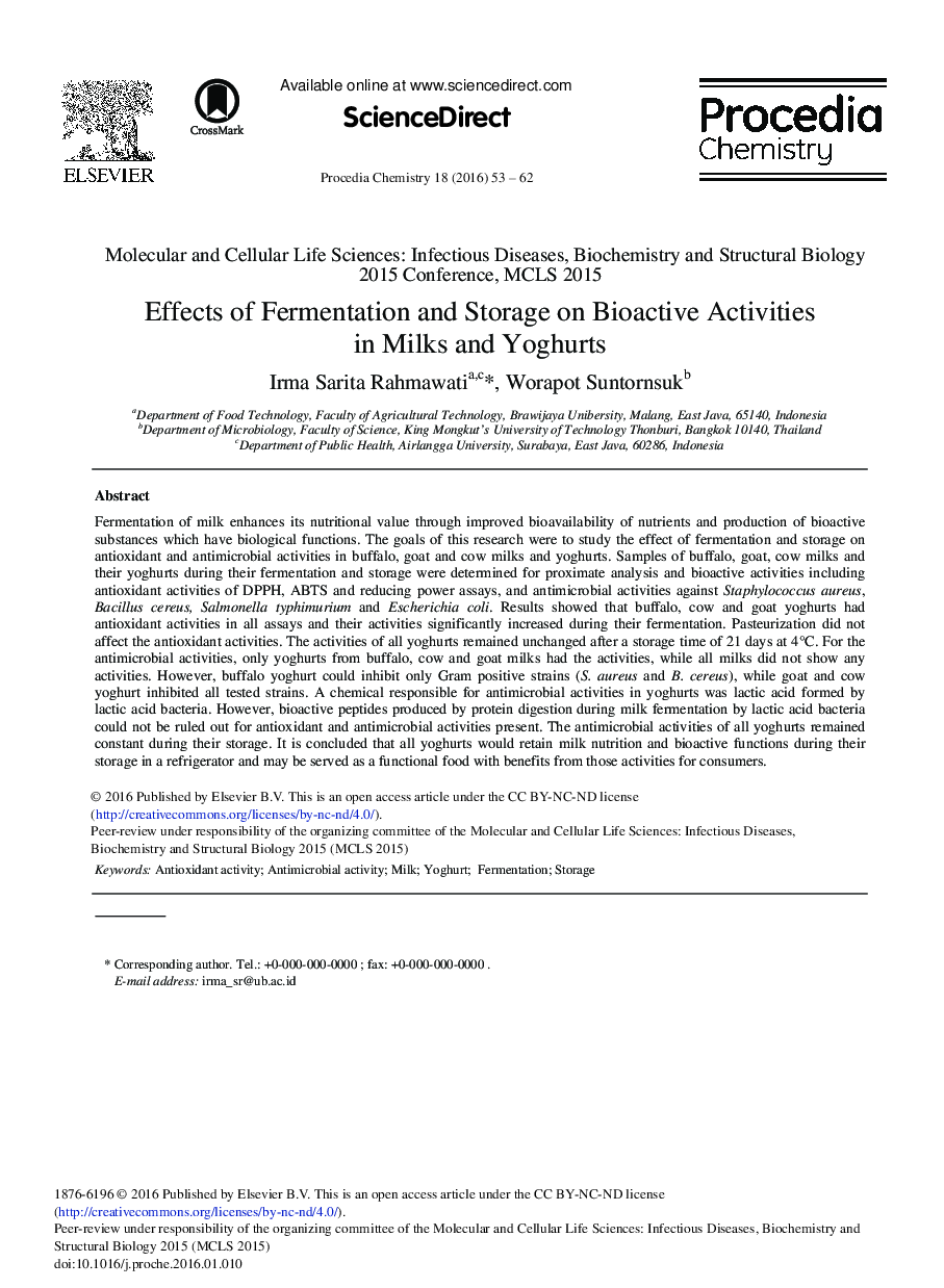 Effects of Fermentation and Storage on Bioactive Activities in Milks and Yoghurts 