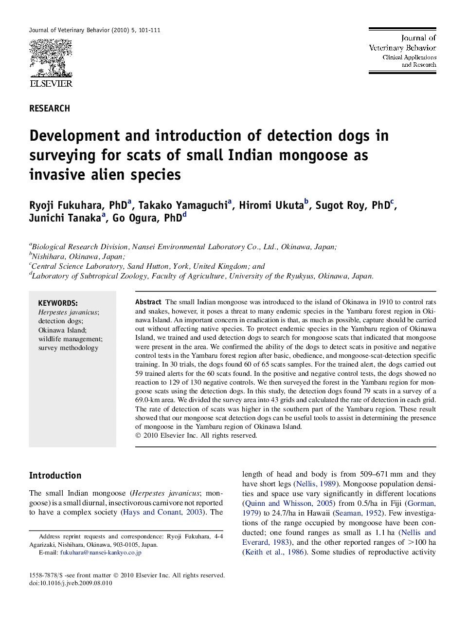 Development and introduction of detection dogs in surveying for scats of small Indian mongoose as invasive alien species
