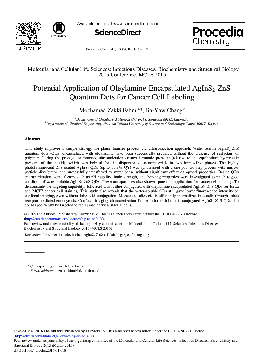 Potential Application of Oleylamine-encapsulated AgInS2-ZnS Quantum Dots for Cancer Cell Labeling 